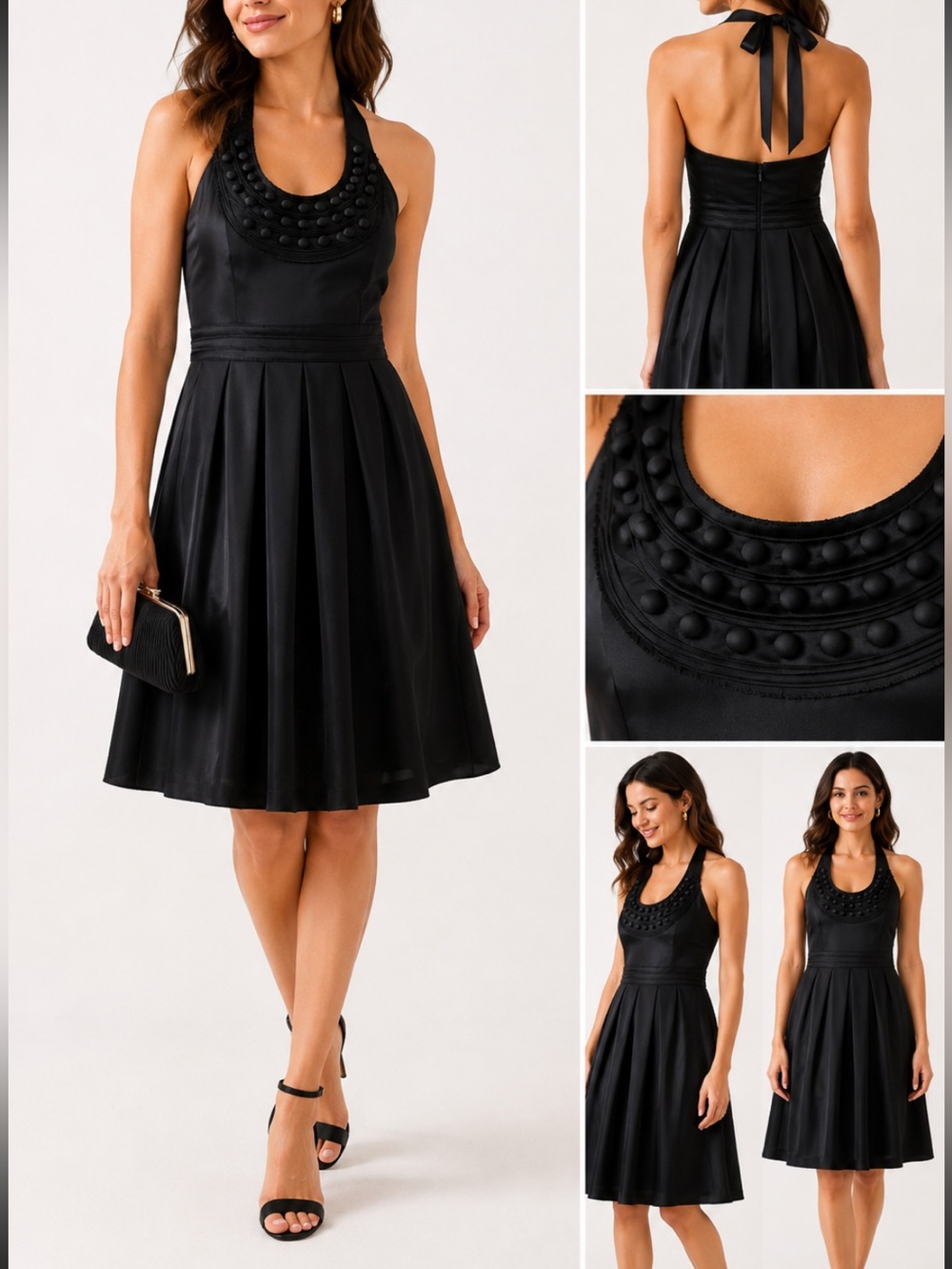 LOFT Black Halter Cocktail Dress Size 2 Satin Pleated Beaded Party Formal
